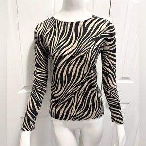 J.Crew Animal Print Zebra Teddie Sweater Black Tan Cotton Crew Neck Top Size XS